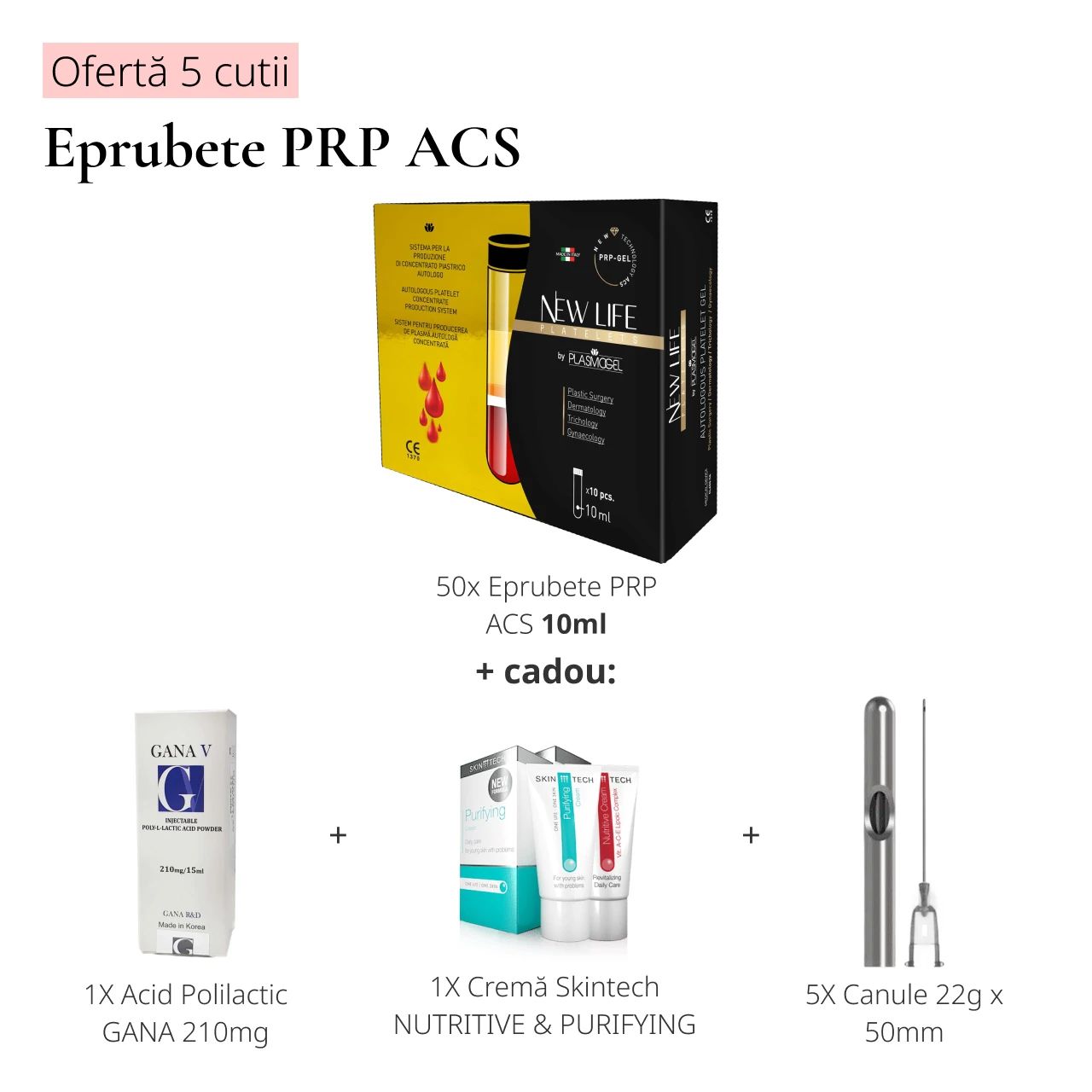 Ofertă 5 cutii x 10 eprubete PRP ACS 10 ml, 1 acid polilactic GANA, 5 canule 22g x 50 mm product image